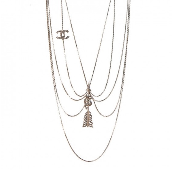 CHANEL Crystal Pearl Multi Strand Chain CC Arrow Necklace Gold - Picture 2 of 16